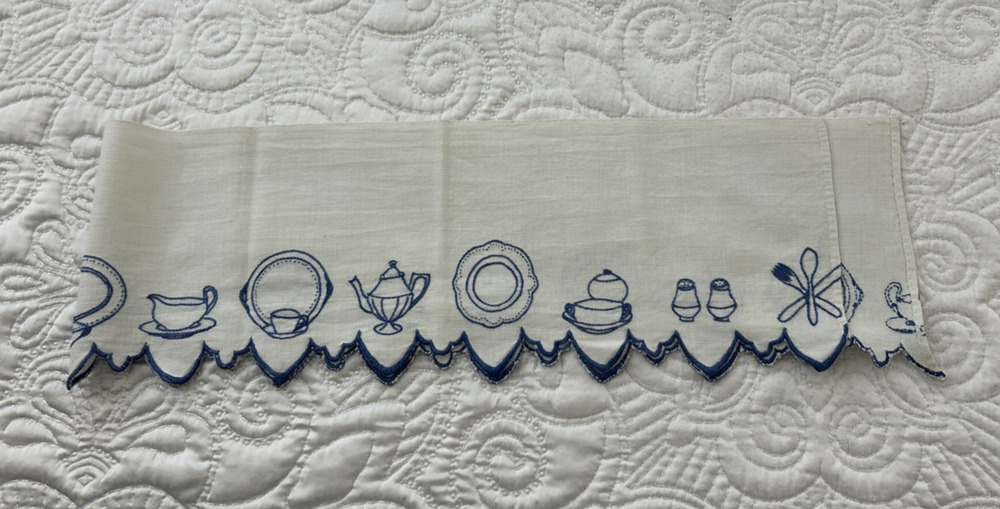 Vtg 1930s Handcrafted Blue Embroidered Kitchen Shelf Valance Cotton 44"x7"